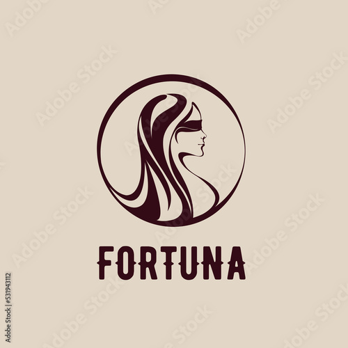 Fortuna goddess.Hair salon, beauty studio, spa illustration.Long, wavy hairstyle woman icon isolated on light fund.Young lady portrait.Beautiful face.Luxury,glamour style logo.Circle emblem.