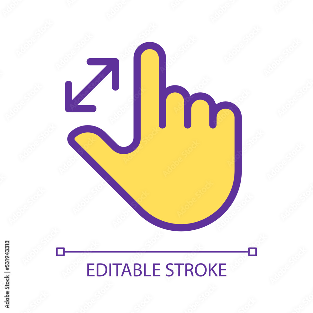 Zoom in touch pixel perfect yellow RGB color icon. Enlargement. Magnify image. Touchscreen control. Display navigation. Silhouette symbol on white space. Solid pictogram. Vector isolated illustration Zoom in touch pixel perfect yellow RGB color icon. Enlargement. Magnify image. Touchscreen control. Display navigation. Silhouette symbol on white space. Solid pictogram. Vector isolated illustration