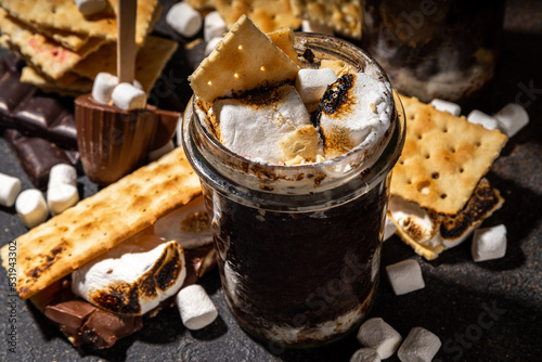 Dark chocolate Smores mug cake dessert, quick simple recipe baking in microwave, lava cake, brownie with marshmallows and graham crackers in a glass photo