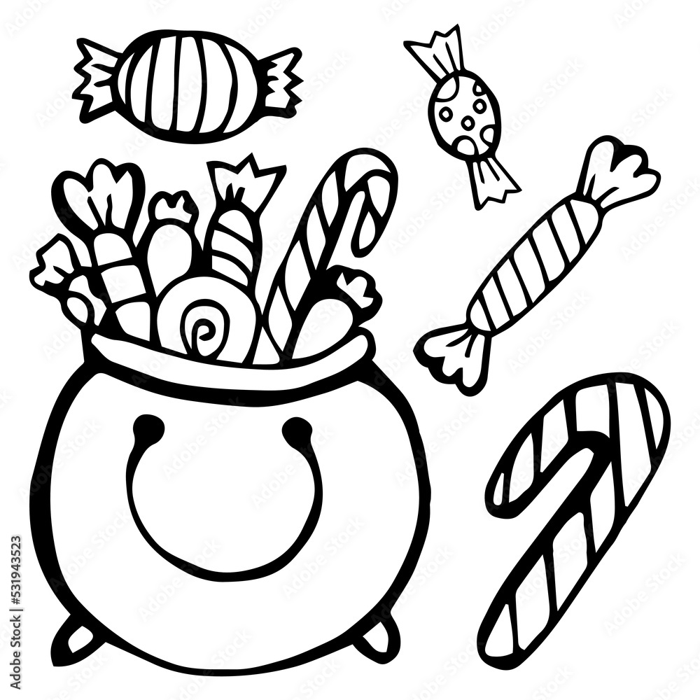 halloween coloring page, basket full of candies and sweets, black and ...