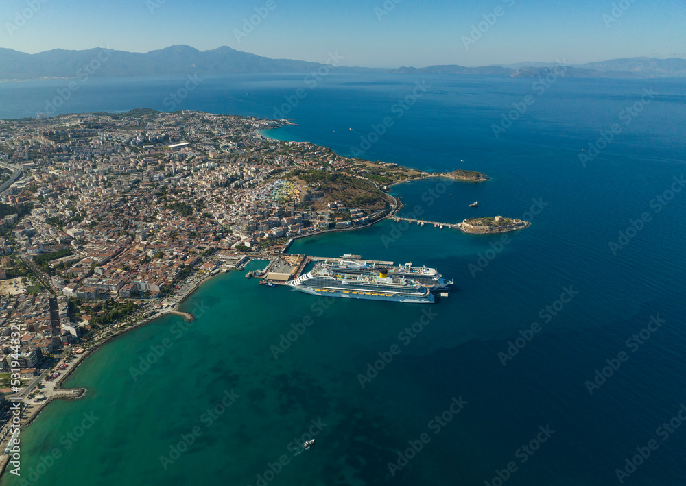 Cruise Ship in the Kusadasi Marina Drone Photo, Kusadasi Aydin, Turkey