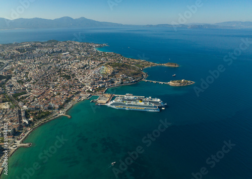 Fototapeta Naklejka Na Ścianę i Meble -  Cruise Ship in the Kusadasi Marina Drone Photo, Kusadasi Aydin, Turkey