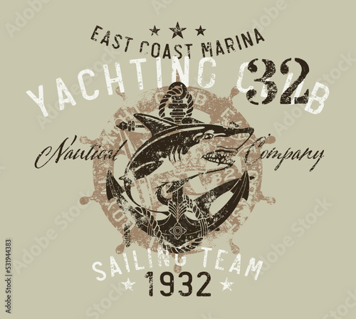 East Coast sailing team shark yacht club vintage vector artwork for boy t shirt grunge effect in separate layers