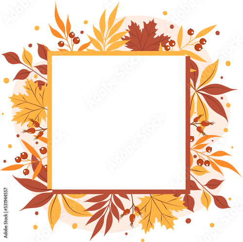 Autumn leaves frame  copy space. Square shape with beautiful bright leavesaround. Design for greeting card or promotional poster. 