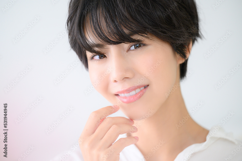 Beautiful woman, easy to use for beauty, looking at camera, with pink foreground blur. Beautiful woman, easy to use for beauty, looking at camera, with pink foreground blur.