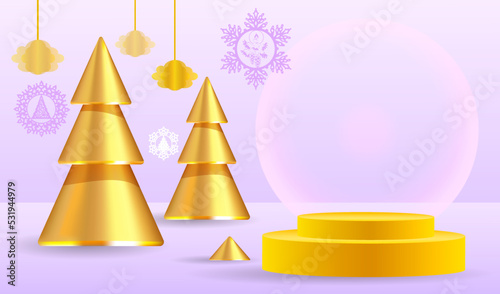A podium, a fantastic golden landscape and geometric figures in yellow tones.
 An empty space for your design. 3d image.

