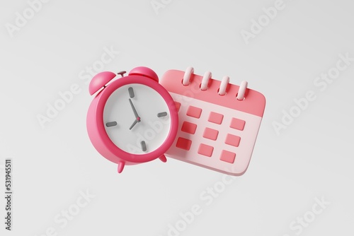 Minimal monthly calendar with pink alarm clock on white background. Business appointment, meeting schedule agenda planning. daily job, event reminder, working time management concept. 3d rendering