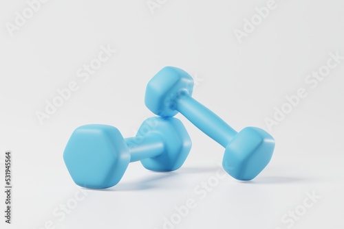 Minimal blue dumbbell isolated on white background. Weight training activity, bodybuilding exercise, daily gym and fitness, dieting for health, sport muscular building equipment concept. 3d rendering © StockerThings