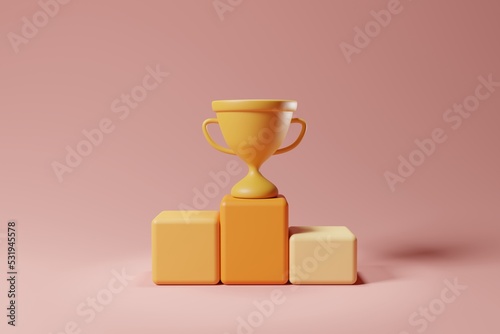 3d rendering gold trophy on the sports winner podium. Celebration cup, successful, leader concept