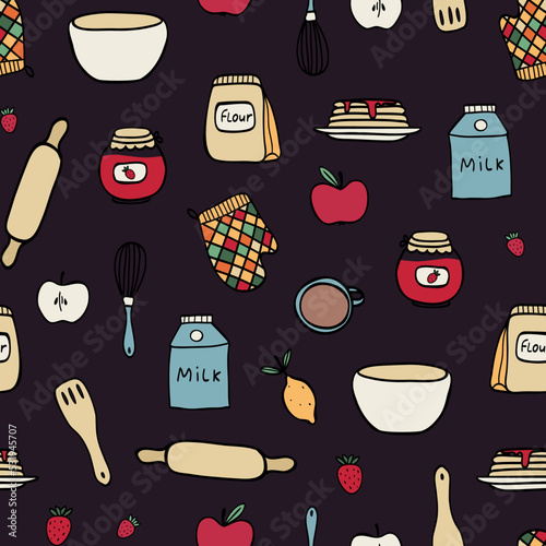 Vector seamless pattern with hand drawn food and kitchen items in cute style. For feast invitation, fabric, kitchen textile, towel print, cover of cooking book, packaging design, template labels.