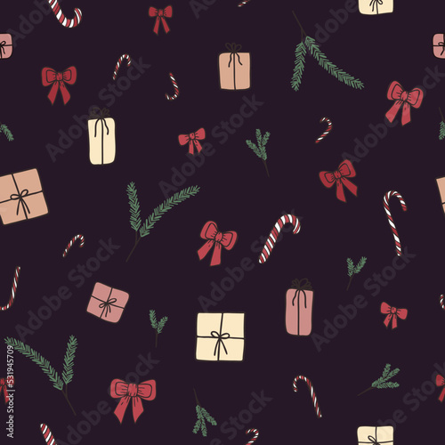 Cute vector Xmas seamless pattern on purple backdrop. Print for textile, linen and pajamas, web page background, gift and wrapping paper, greeting cards, scrapbooking album, winter decoration, cover.