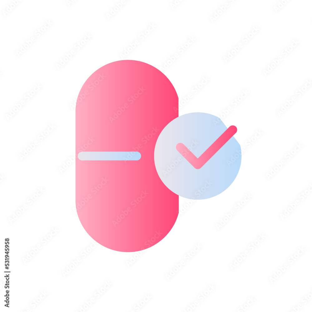 Take medication flat gradient two-color ui icon. Capsule and checkmark. Correct therapy. Simple filled pictogram. GUI, UX design for mobile application. Vector isolated RGB illustration Take medication flat gradient two-color ui icon. Capsule and checkmark. Correct therapy. Simple filled pictogram. GUI, UX design for mobile application. Vector isolated RGB illustration