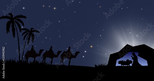 Illustration of men riding on camels watching baby jesus christ in tent against starry sky at night