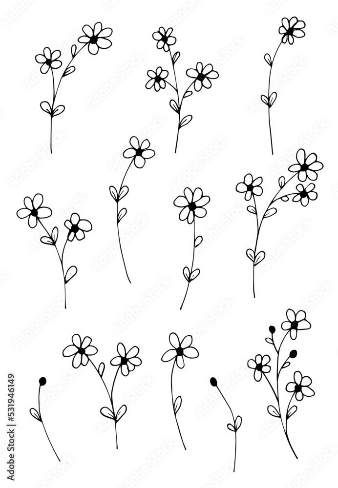 Naklejka premium Hand drawn illustration of branches, leaves and flowers. Design elements