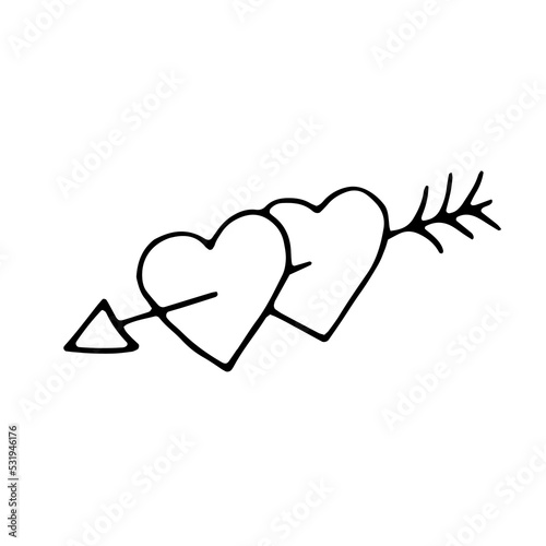 Two loving hearts pierced by an arrow. Love, passion, feelings, romance, relationship. Element for a postcard for Valentine's Day. Drawn by hand. Silhouette. Black and white. Contour. Coloring