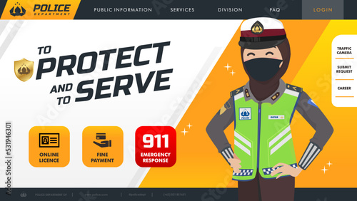 Modern Police Departement Landing page website With Hijab Female Muslim Police Officer wearing black face mask