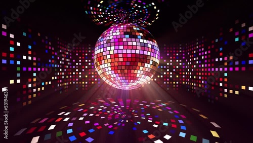 Neon Disco ball seamless VJ loop animation for music broadcast TV, night clubs, music videos, LED screens and projectors, glamour and fashion events, jazz, pops, funky and disco party.