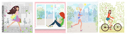 collection of cards with fashion girls. lady smiling walking wit