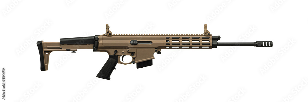 Modern automatic rifle isolated on white. Weapons for police, special forces and the army. Automatic carbine with mechanical sights.