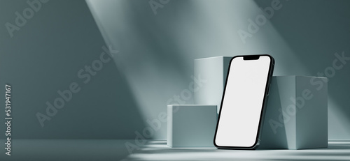 3d rendering of iphone in modern minimalist product display studio pedestal podium