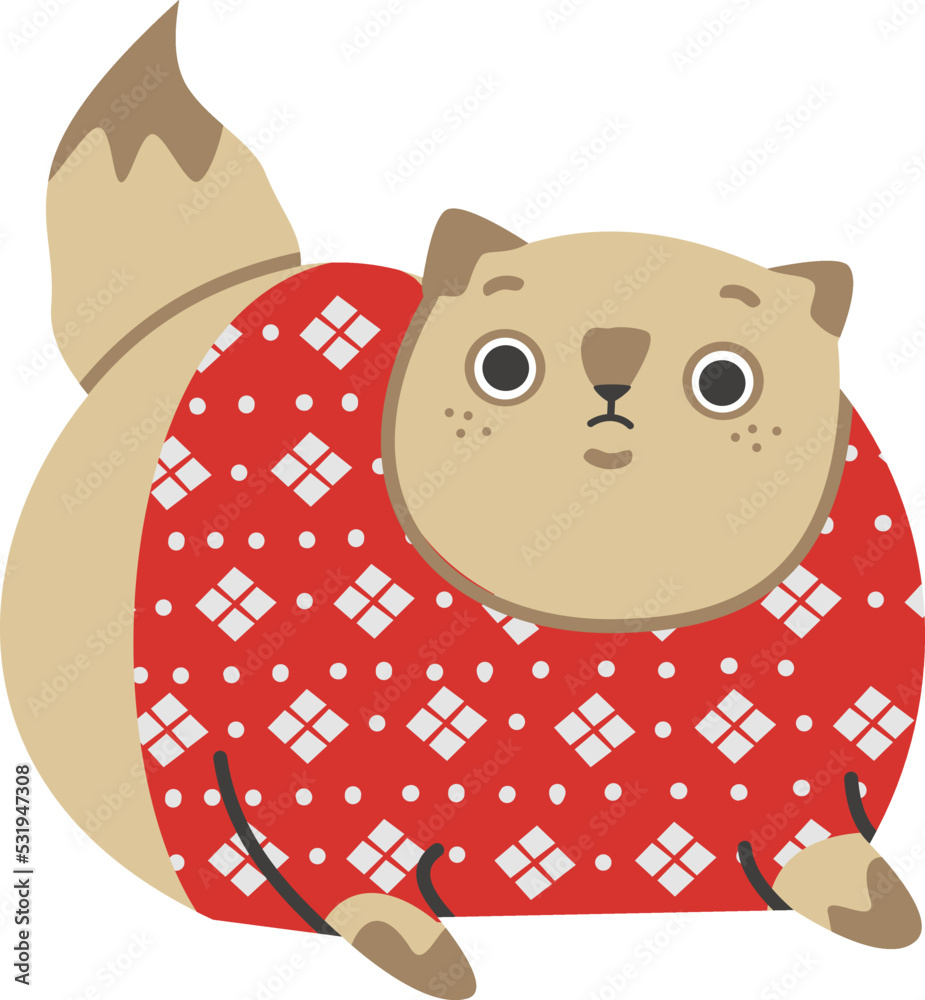 Flat vector illustration. Cute fat cat in a Christmas sweater. Funny New Year illustration Flat vector illustration. Cute fat cat in a Christmas sweater. Funny New Year illustration