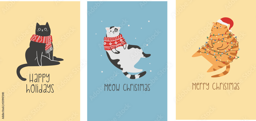 A set of vector Christmas cards with cats. Cute cat sitting entangled in the Christmas garland. Black cat in a warm scarf. Kitten in a New Year's 