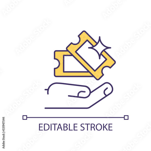 Free tickets for show RGB color icon. Award to music fans. Invitation to festive concert. Isolated vector illustration. Simple filled line drawing. Editable stroke. Arial font used