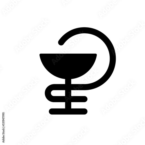 Bowl of Hygieia black glyph ui icon. Pharmaceutical symbol. Pharmacology emblem. User interface design. Silhouette symbol on white space. Solid pictogram for web, mobile. Isolated vector illustration photo