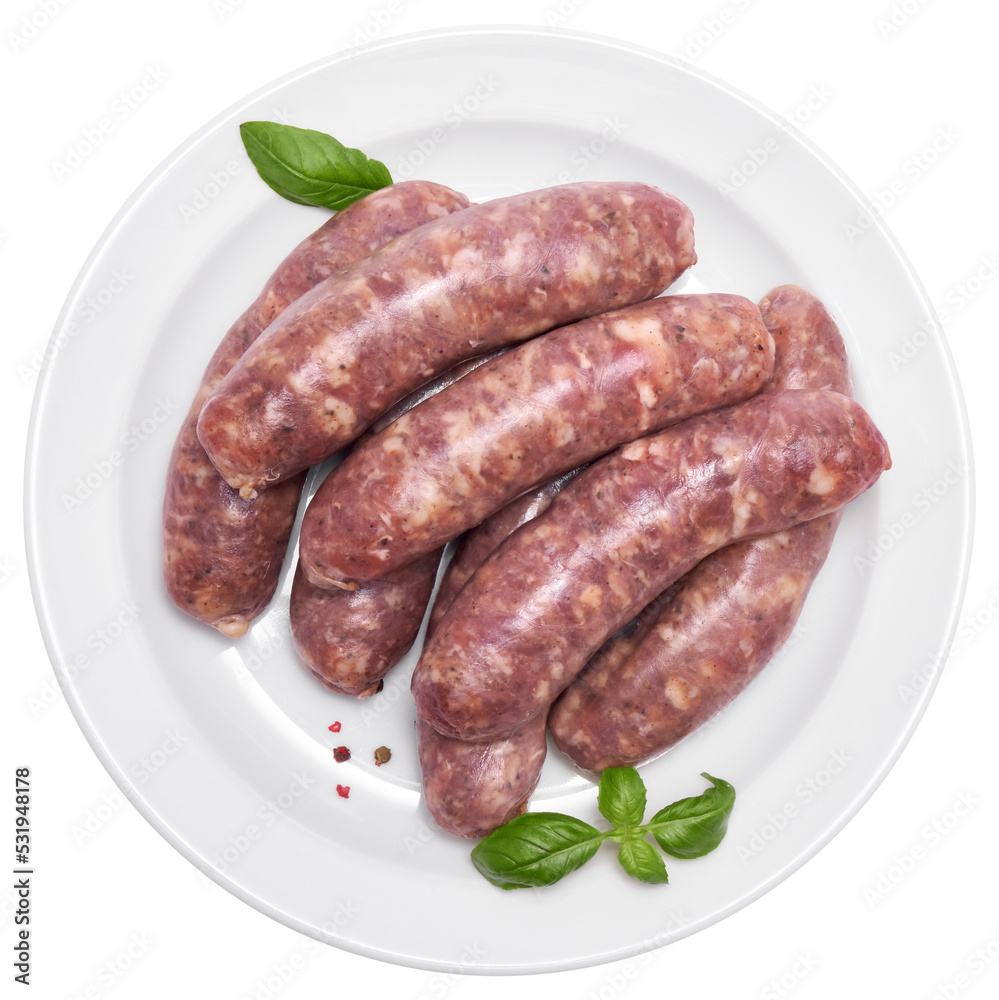Raw beef or pork grill sausage on ceramic plate isolated Raw beef or pork grill sausage on ceramic plate isolated