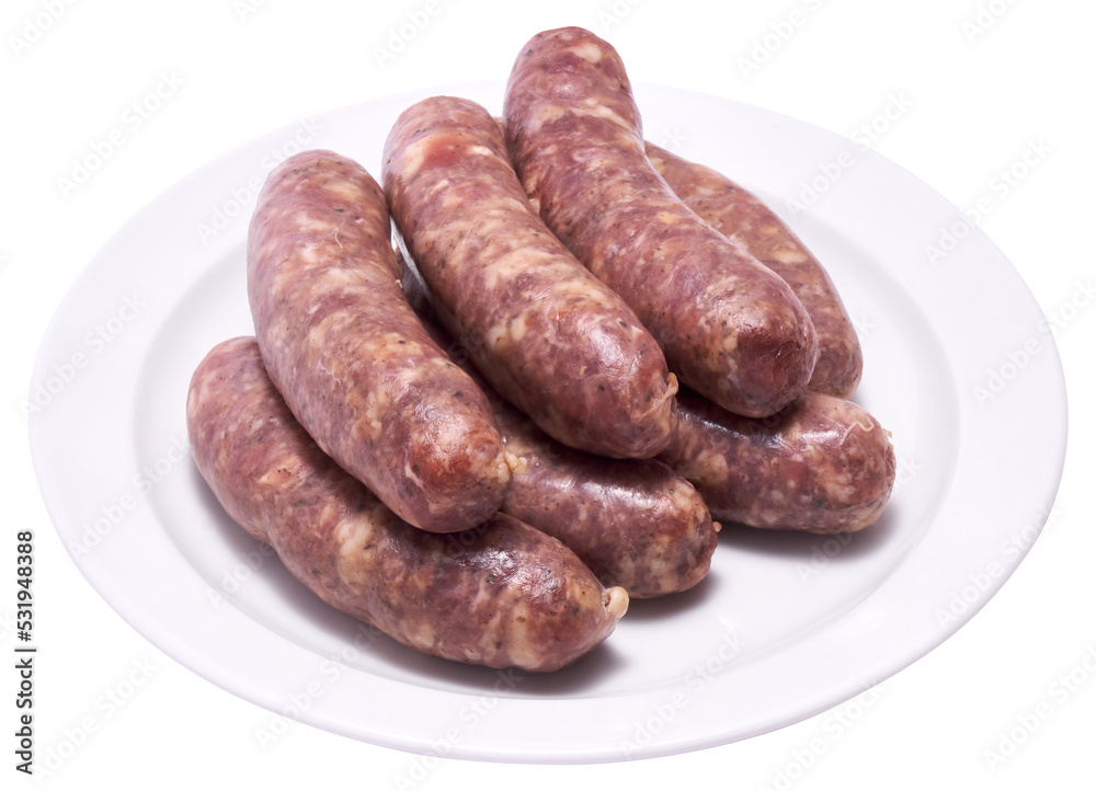 Raw beef or pork grill sausage on ceramic plate isolated