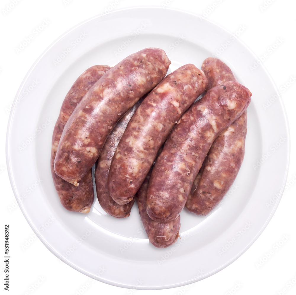 Raw beef or pork grill sausage on ceramic plate isolated