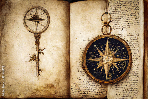 Illustration of an old compass and a key on an old manuscript parchment from the Middle Ages