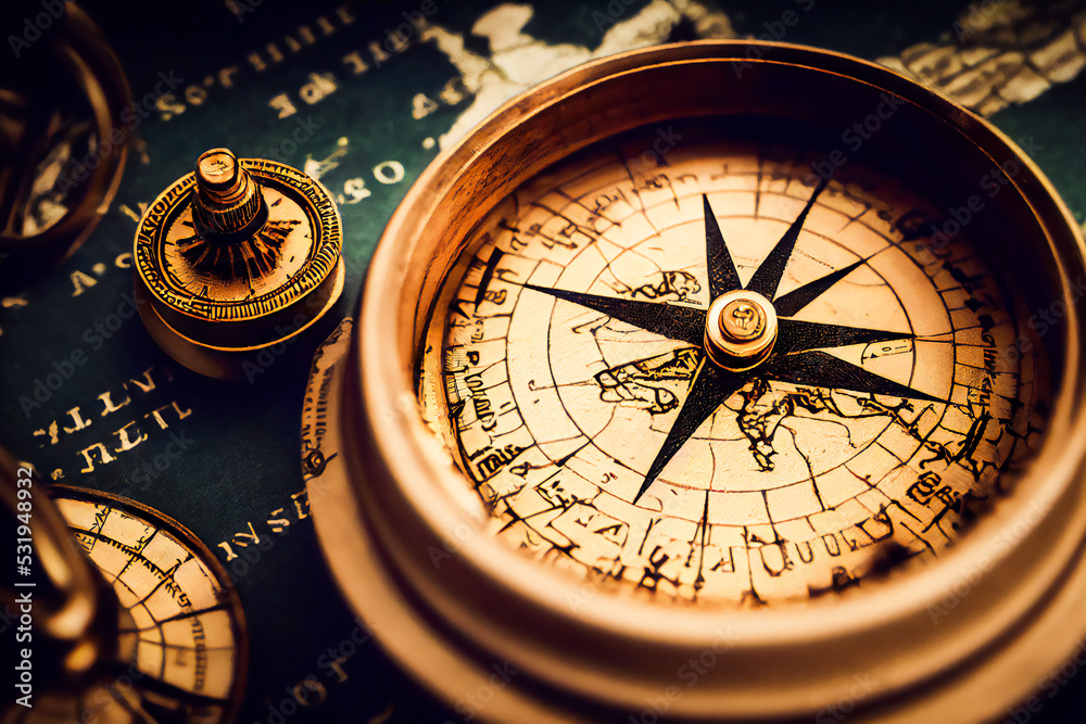 Close-up of a compass drawing, with map, luxurious navigation instrument for marine, real antique for design