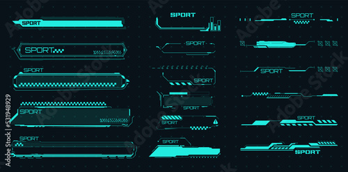 Frame in Sci- Fi style. Bar labels, info call box bars.HUD Futuristic User Screen Interface Element Set Race car lines. Sport stripes vinyl sticker, racing vehicle tuning  isolated on black background