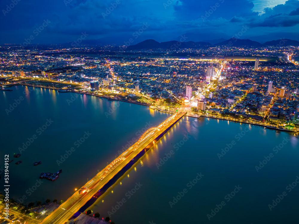 Aerial view of Han river and dragon bridge at sunset.