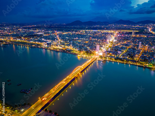 Aerial view of Han river and dragon bridge at sunset.