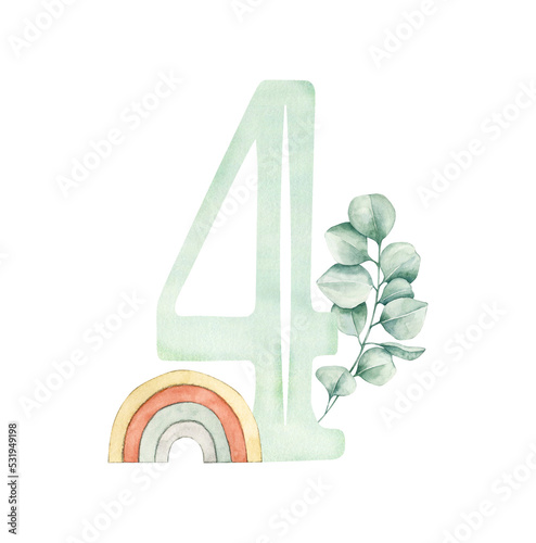 Watercolor illustration card with number 4, rainbow, eucalyptus. Isolated on white background. Hand drawn clipart. Perfect for card, postcard, tags, invitation, printing, wrapping. photo