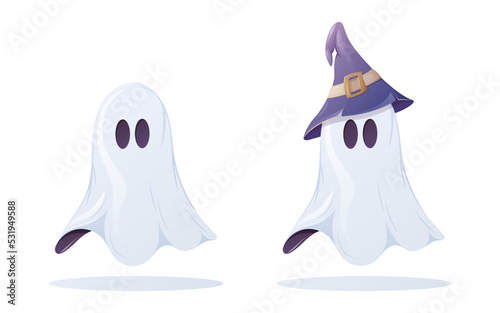 A cute ghost with and without a sorcery hat. Cartoon vector illustration for Halloween.