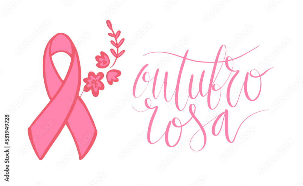 Outubro Rosa - October Pink in portuguese language. Brazil Breast Cancer Awareness campaign web banner. Handwritten lettering.