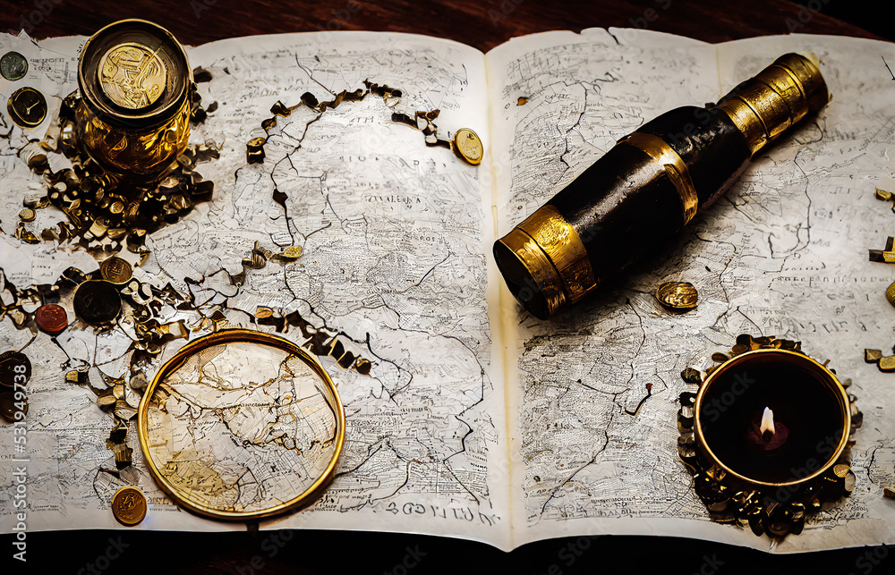 High impact drawing of a pirate captain's navigation instrument on an ...