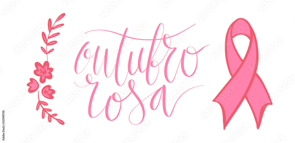 Outubro Rosa - October Pink in portuguese language. Brazil Breast Cancer Awareness campaign web banner. Handwritten lettering.