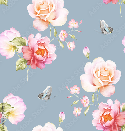 Watercolor seamless pattern with rose flowers. Perfect for wallpaper, fabric design, wrapping paper, surface textures, digital paper.