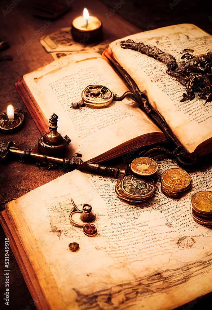 Striking illustration of old books open with treasures and the passing of time, nostalgic atmosphere of pirates