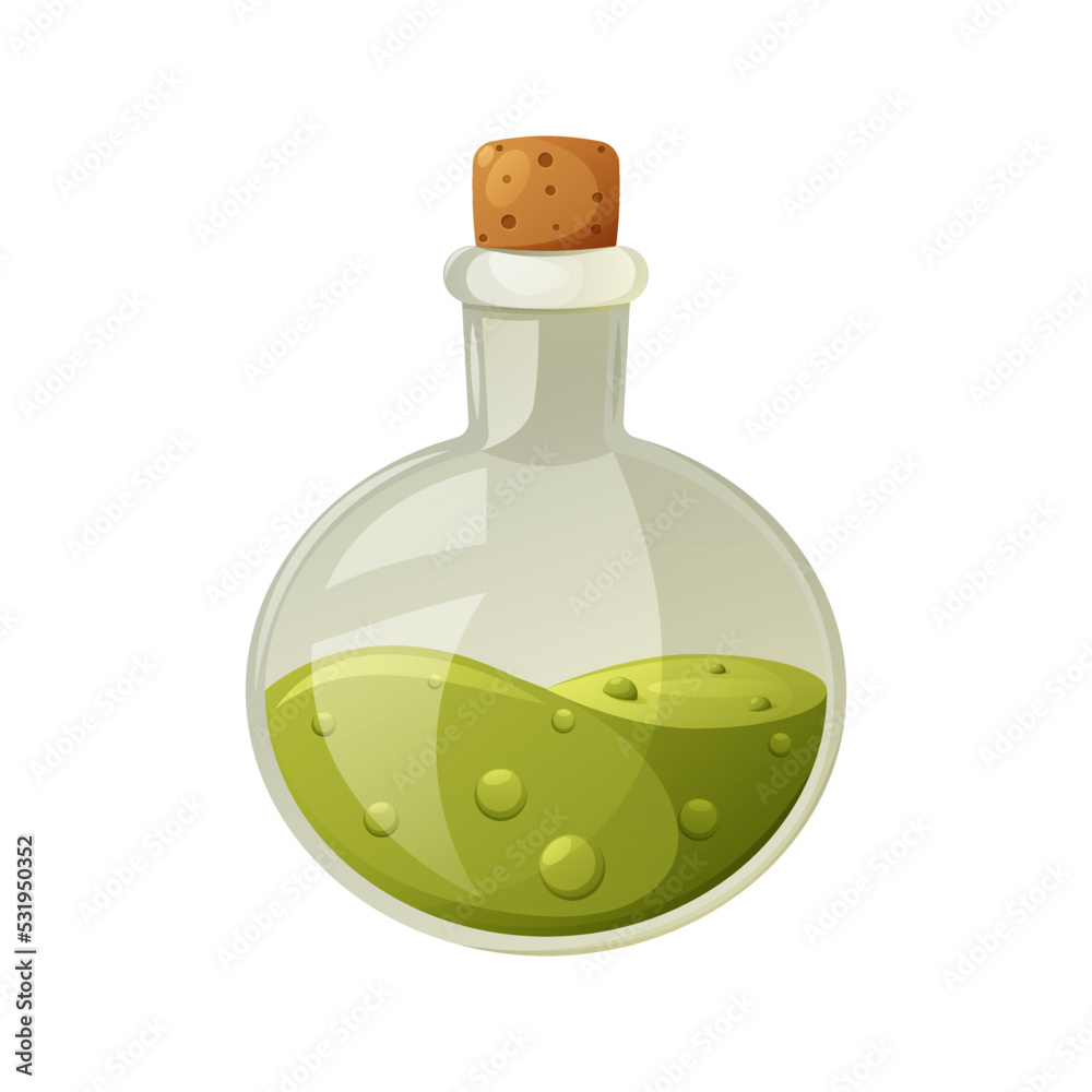 Green potion in a glass flask with bubbles. Item of a witch for love spell, poison. Cartoon vector illustration for halloween