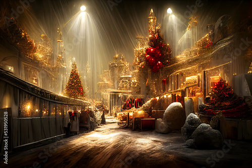strange night cristmas street background with christmas spruce trees, snow and fair stalls, neural network generated image photo