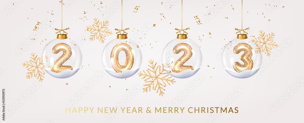 Christmas and New Year 2023 greeting card with balls and snowflakes.