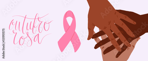 Outubro Rosa - October Pink in portuguese language. Brazil Breast Cancer Awareness campaign web banner. Handwritten lettering.