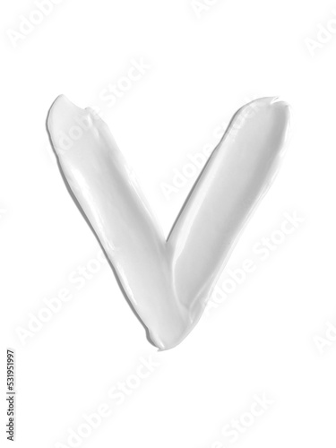 Alphabet Letter v, Cream moisturiser smudge texture smear letter written with white liquid beauty product