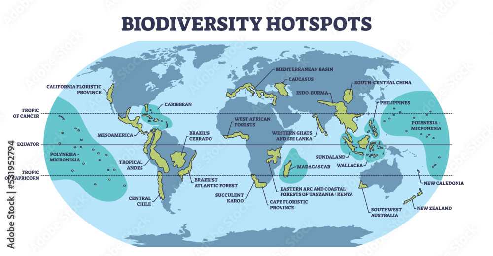 Biodiversity hotspots with life species variety on world map outline diagram. Labeled educational animal habitats scheme with ecosystem most dense places on geographical atlas vector illustration. - obrazy, fototapety, plakaty 