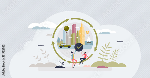 Sustainable design lifestyle with clean urban environment tiny person concept. Long term power, waste and transportation solutions with recycling and alternative resources usage vector illustration.